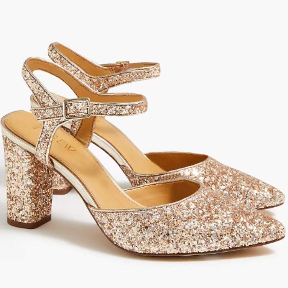 NWOB J.Crew Champagne Gold Chunky Glitter Pointy Toe Heels Size 8